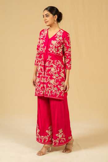 Buy_Gaurav katta_Pink Silk, Chanderi Zari V-neck, Yes Embroidered Kurta And Pant Set _Online_at_Aza_Fashions