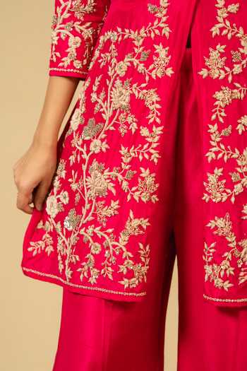 Buy_Gaurav katta_Pink Silk, Chanderi Zari V-neck, Yes Embroidered Kurta And Pant Set 