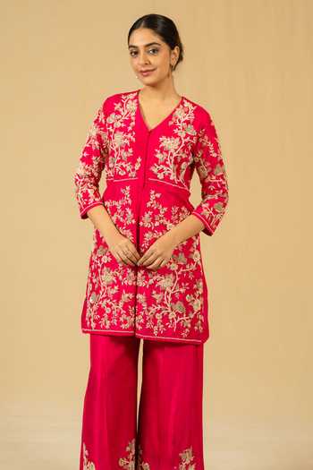 Gaurav katta_Pink Silk, Chanderi Zari V-neck, Yes Embroidered Kurta And Pant Set _Online