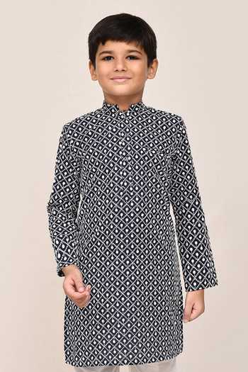 Buy_Jhambthreads_Blue Silk, Cotton Geometric Print Kurta Set _Online_at_Aza_Fashions