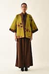 Buy_OFRIDA_Brown Cotton Open Neck Solar Petal Jacket Pant Set _at_Aza_Fashions