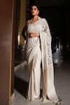 Nikunj By NIIDHI BAJAJ_Cream Jersey Embroidery, Mirrors Halter Neck Mishka Pre-draped Saree With Blouse _at_Aza_Fashions
