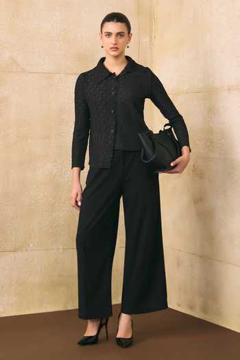 Pleats By Aruni_Black Button-down Neck Azua Flower Textured Pattern Shirt _Online_at_Aza_Fashions