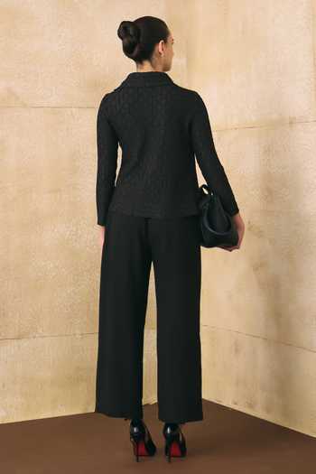 Shop_Pleats By Aruni_Black Button-down Neck Azua Flower Textured Pattern Shirt _at_Aza_Fashions