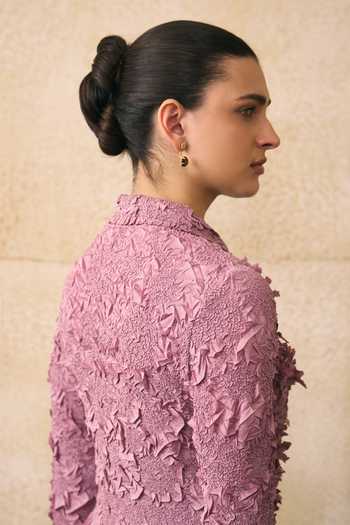 Pleats By Aruni_Pink Crepe Ruffles Button-down Neck Elsara Shirt _Online_at_Aza_Fashions