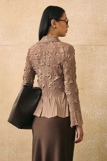 Shop_Pleats By Aruni_Brown Crepe Fabric Flowers, Ruffles Button-down Elsara Textured Pattern Shirt _at_Aza_Fashions