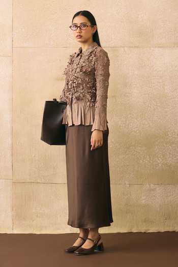 Buy_Pleats By Aruni_Brown Crepe Fabric Flowers, Ruffles Button-down Elsara Textured Pattern Shirt 