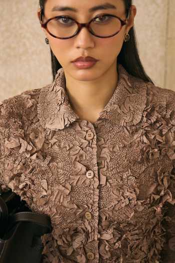 Shop_Pleats By Aruni_Brown Crepe Fabric Flowers, Ruffles Button-down Elsara Textured Pattern Shirt 
