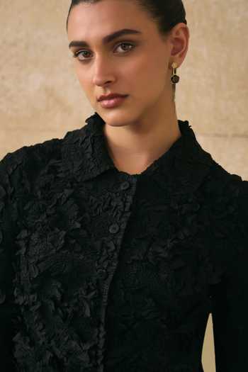 Pleats By Aruni_Black Crepe Fabric Flowers, Ruffles Collared Elsara Textured Pattern Shirt _Online_at_Aza_Fashions