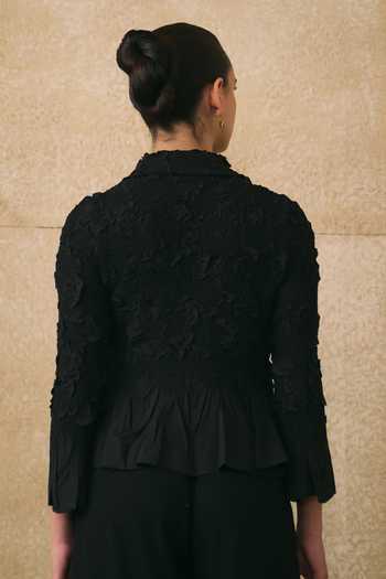 Shop_Pleats By Aruni_Black Crepe Fabric Flowers, Ruffles Collared Elsara Textured Pattern Shirt _at_Aza_Fashions