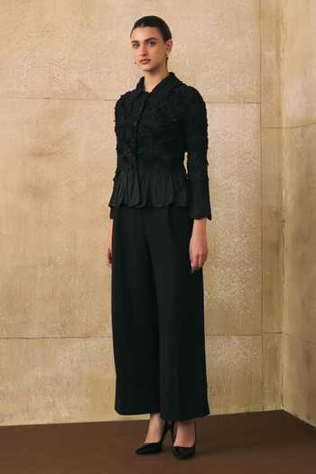 Pleats By Aruni_Black Crepe Fabric Flowers, Ruffles Collared Elsara Textured Pattern Shirt _at_Aza_Fashions