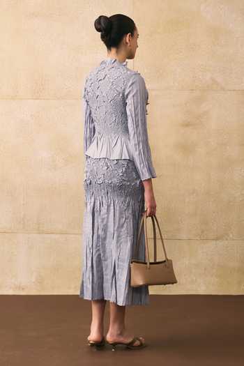 Shop_Pleats By Aruni_Grey Crepe, Crinkle Ruffles High Neck Jerome Top _at_Aza_Fashions