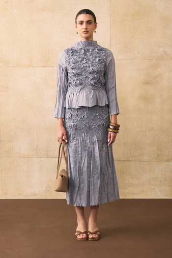 Pleats By Aruni_Grey Crepe, Crinkle Ruffles High Neck Jerome Top _Online_at_Aza_Fashions