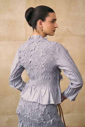 Buy_Pleats By Aruni_Grey Crepe, Crinkle Ruffles High Neck Jerome Top _Online_at_Aza_Fashions