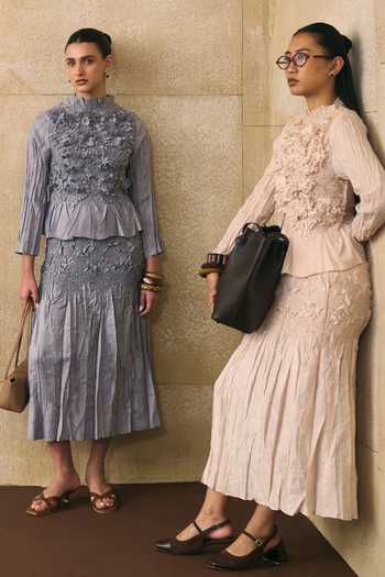 Pleats By Aruni_Grey Crepe, Crinkle Ruffles High Neck Jerome Top _at_Aza_Fashions