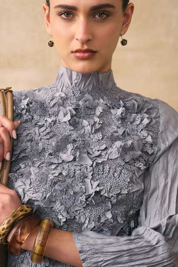 Buy_Pleats By Aruni_Grey Crepe, Crinkle Ruffles High Neck Jerome Top 