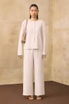 Buy_Pleats By Aruni_Ivory Crepe Round Neck Ganni Textured Pattern Top And Pant Set _Online