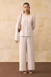 Shop_Pleats By Aruni_Ivory Crepe Round Neck Ganni Textured Pattern Top And Pant Set _Online