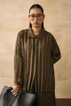 Pleats By Aruni_Brown Crepe Collared Anatoni Pleated Fabric-base Shirt And Pant Set _at_Aza_Fashions