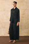 Pleats By Aruni_Black Crepe Collared Anatoni Pleated Shirt And Pant Set _at_Aza_Fashions