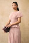 Pleats By Aruni_Pink Crepe Pearls Boat Neck Weava Top And Pant Set _Online_at_Aza_Fashions