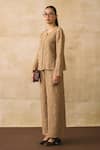 Shop_Pleats By Aruni_Beige Crepe Round Neck Elnia Textured Top And Pant Set _Online_at_Aza_Fashions