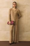 Shop_Pleats By Aruni_Beige Crepe Round Neck Elnia Textured Top And Pant Set 