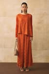 Buy_Pleats By Aruni_Orange Crepe, Satin Round Neck Elnia Top And Pant Set _at_Aza_Fashions