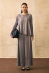 Buy_Pleats By Aruni_Grey Crepe, Satin Round Neck Elnia Asymmetric Top And Pant Set _at_Aza_Fashions