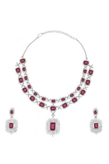 Shop_Minaki_Red Stones Geometric Embellished Necklace Set _at_Aza_Fashions