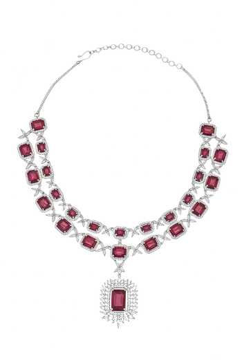 Buy_Minaki_Red Stones Geometric Embellished Necklace Set _Online_at_Aza_Fashions