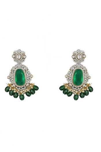 Minaki_Green Stones, Crystals Geometric Cutwork Necklace Set _Online_at_Aza_Fashions