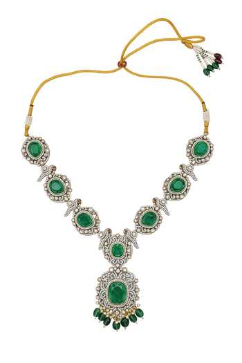 Buy_Minaki_Green Stones, Crystals Geometric Cutwork Necklace Set _Online_at_Aza_Fashions