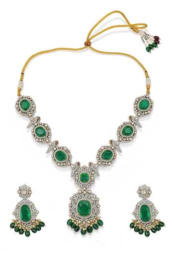 Shop_Minaki_Green Stones, Crystals Geometric Cutwork Necklace Set _at_Aza_Fashions