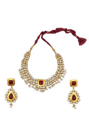Shop_Minaki_Red Pearls, Stones Shahana Embellished Necklace Set _at_Aza_Fashions