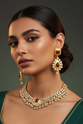 Buy_Minaki_Red Pearls, Stones Shahana Embellished Necklace Set _at_Aza_Fashions