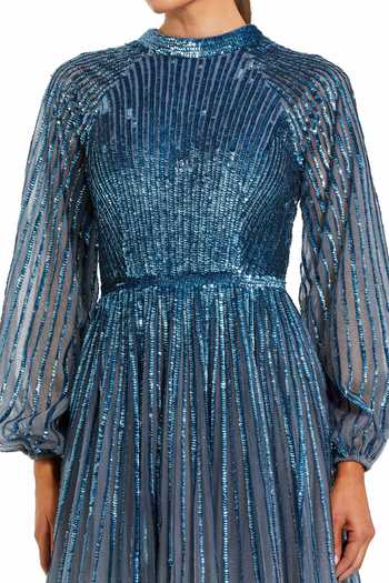 Mac Duggal_Blue Polyester Sequins High Neck Ombre Gown _Online_at_Aza_Fashions