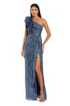 Buy_Mac Duggal_Blue Polyester Sequins One Shoulder Structured Ruffle Accent Gown _at_Aza_Fashions