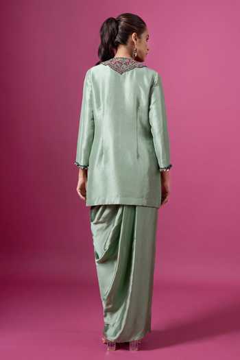 Prisho_Green Silk, Satin, Modal Embroidery, Tassels Round Thread Kurta And Skirt Set _Online_at_Aza_Fashions