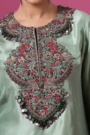 Buy_Prisho_Green Silk, Satin, Modal Embroidery, Tassels Round Thread Kurta And Skirt Set _Online_at_Aza_Fashions