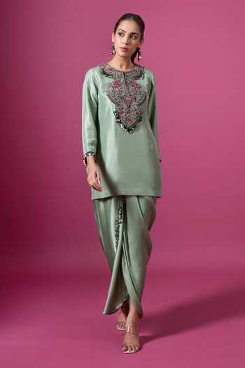 Shop_Prisho_Green Silk, Satin, Modal Embroidery, Tassels Round Thread Kurta And Skirt Set _Online_at_Aza_Fashions