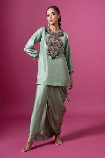 Buy_Prisho_Green Silk, Satin, Modal Embroidery, Tassels Round Thread Kurta And Skirt Set _at_Aza_Fashions
