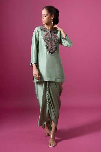 Prisho_Green Silk, Satin, Modal Embroidery, Tassels Round Thread Kurta And Skirt Set _at_Aza_Fashions
