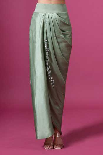 Buy_Prisho_Green Silk, Satin, Modal Embroidery, Tassels Round Thread Kurta And Skirt Set 