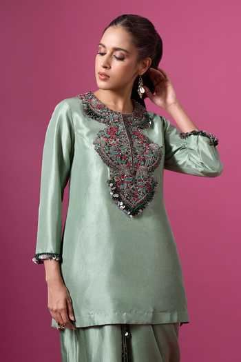 Shop_Prisho_Green Silk, Satin, Modal Embroidery, Tassels Round Thread Kurta And Skirt Set 