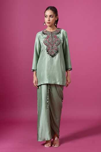 Prisho_Green Silk, Satin, Modal Embroidery, Tassels Round Thread Kurta And Skirt Set _Online