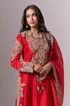 Buy_Anamika Khanna_Red Embroidery, Sequins, Zari, Stones, Mirrors Round Neck, Yes Floral Kurta Set _Online_at_Aza_Fashions