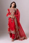 Buy_Anamika Khanna_Red Embroidery, Sequins, Zari, Stones, Mirrors Round Neck, Yes Floral Kurta Set _at_Aza_Fashions