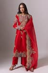 Anamika Khanna_Red Embroidery, Sequins, Zari, Stones, Mirrors Round Neck, Yes Floral Kurta Set _at_Aza_Fashions