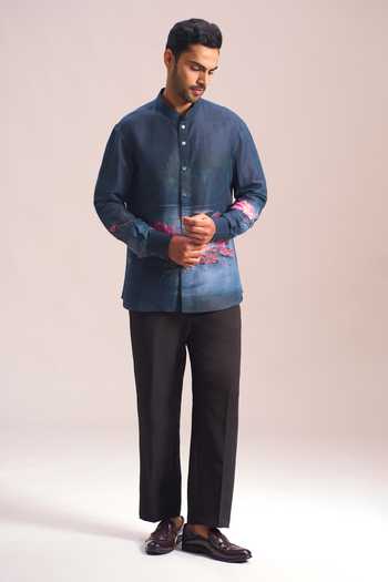 Buy_Rohit Bal_Blue Lotus Placement Print Shirt _Online_at_Aza_Fashions